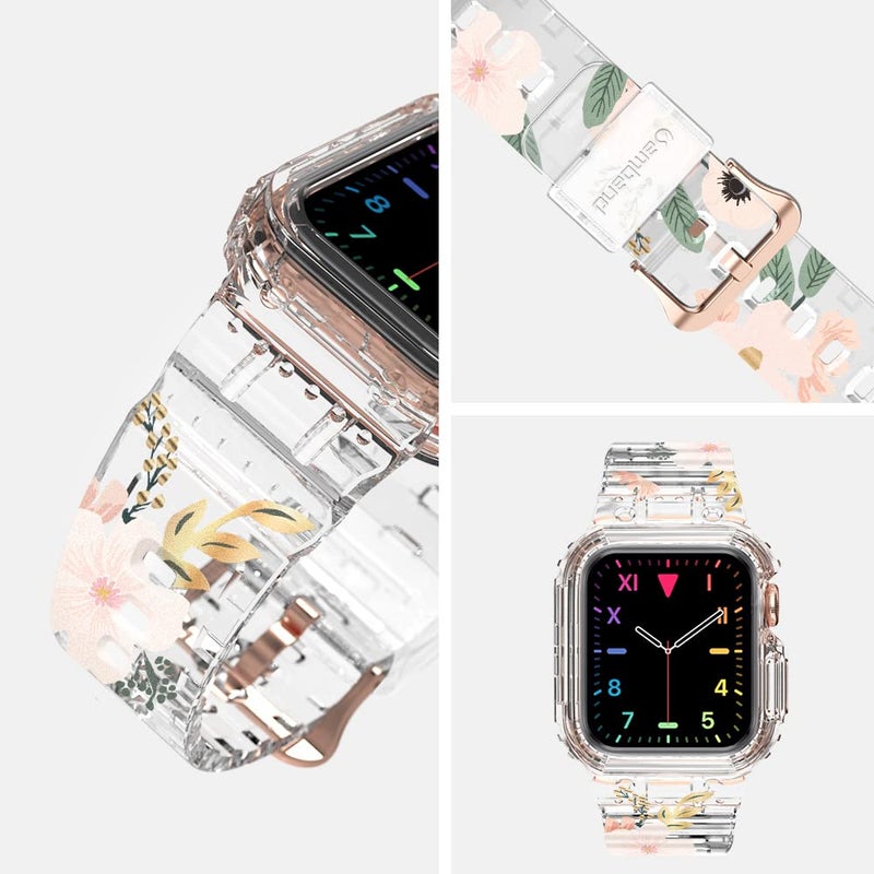amBand حزام amBand متوافق مع ساعة آبل شفاف 38mm 40mm 41mm مع علبة، [مضاد للاصفرار] حزام رياضي شفاف وقوي للنساء مزين بالكريستال لحماية ساعة iWatch سلسلة 9/8/7/6/5/4/3/2/1 SE، زهرة برية - Image 2
